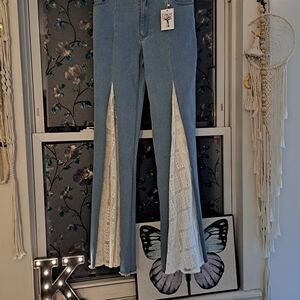 Denim Flare Jeans with Lace Insets - Light Blue